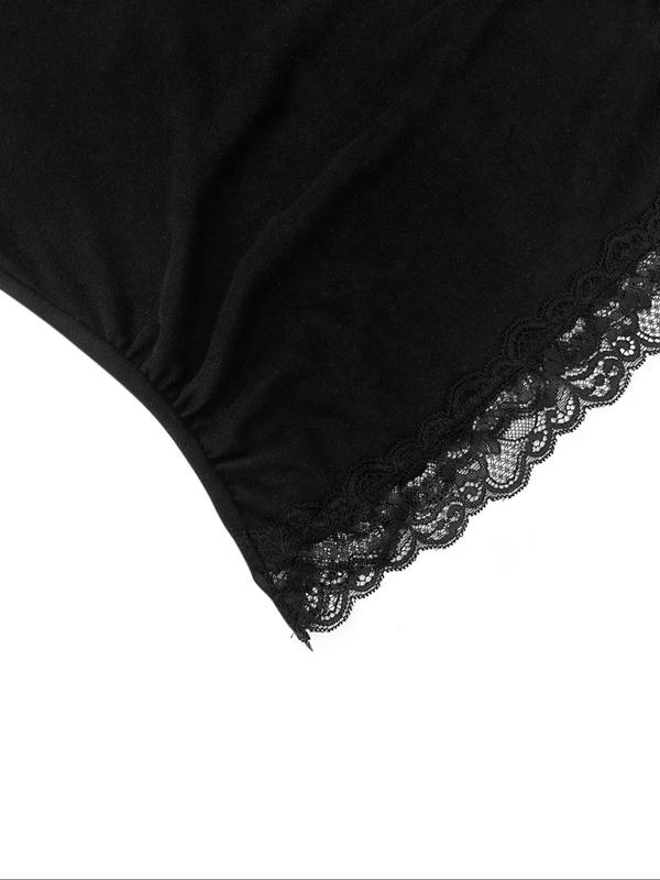 Women's Solid Contrast Lace Scallop Hem Scoop Neck Tee, Casual Long Sleeve Thickened T-shirt for Fall & Winter, Women's Clothing for Daily Wear